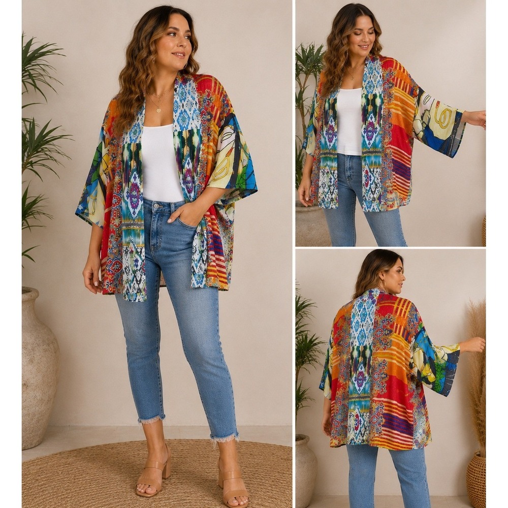 Johnny Was Kimono Patchwork Multi-Color Silk Floral Paisley Boho Duster No Size